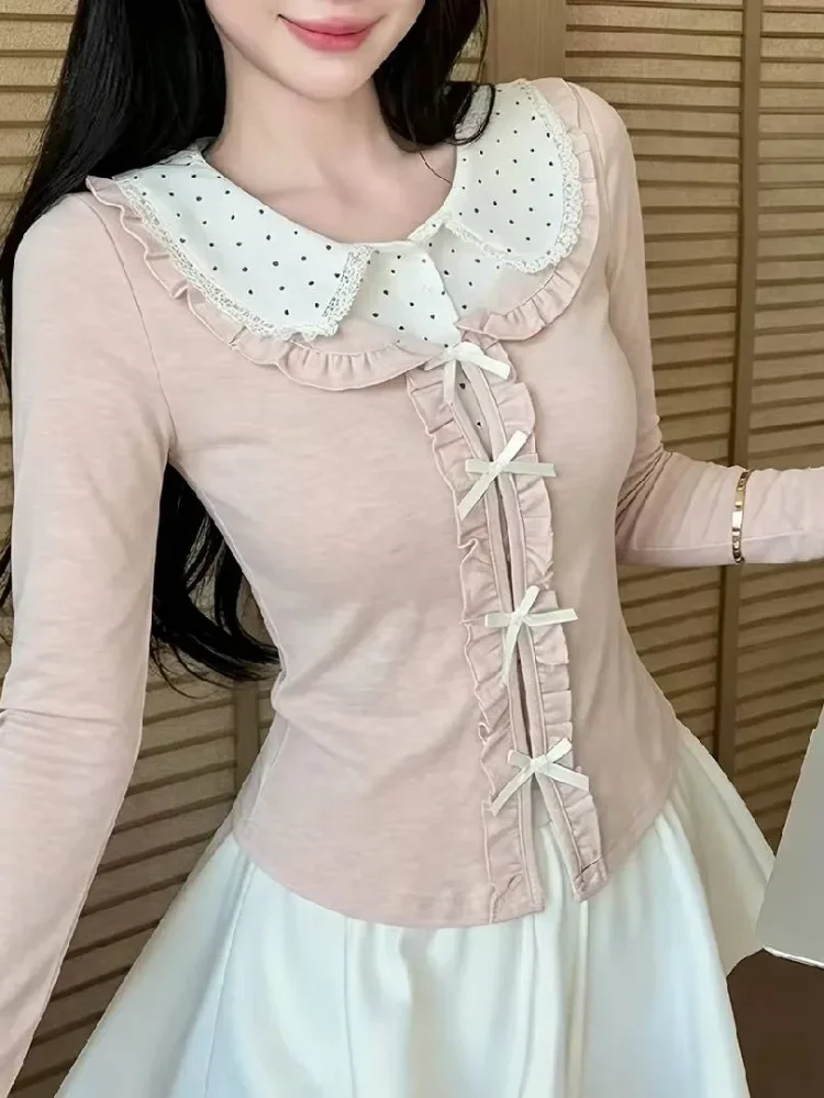 CHICMORE Atasan wanita dengan kerah polo lengan panjang dua potong palsu model kekinian gaya ala korea