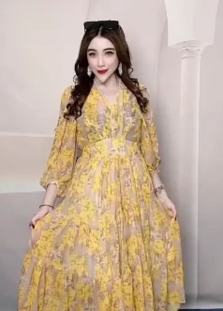 FADFAD Gaun midi wanita v-neck lengan panjang balon motif floral elegan