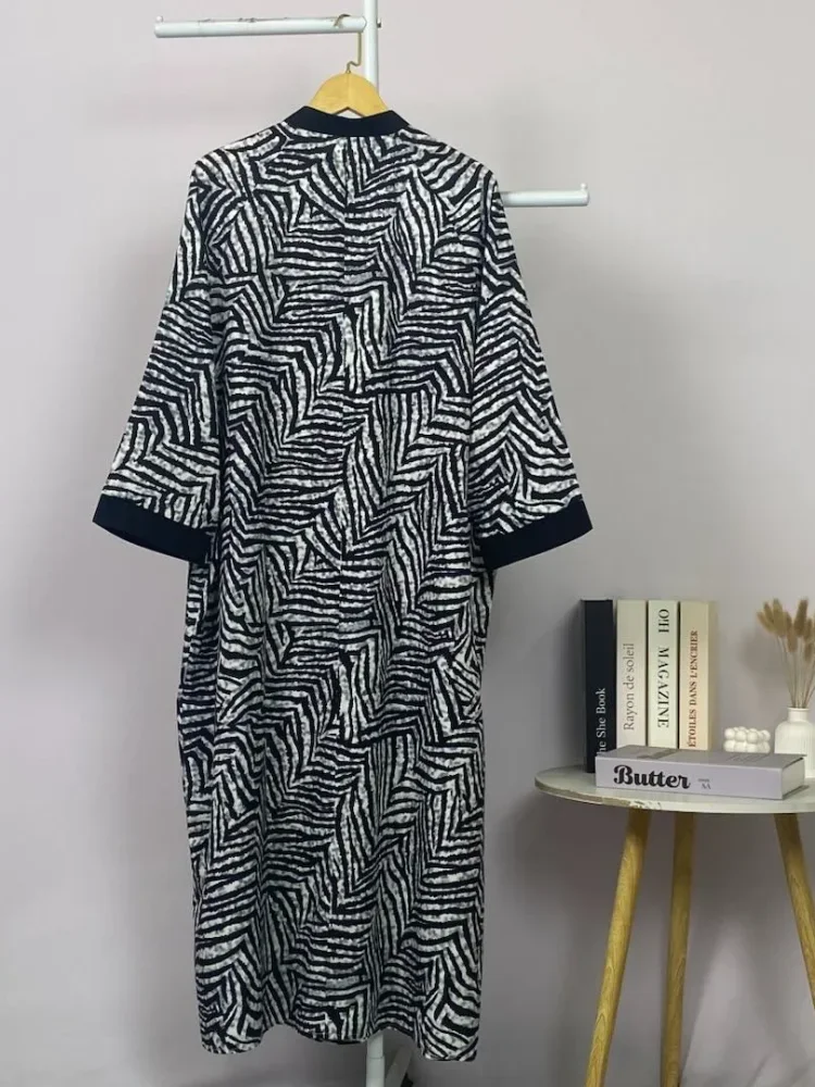 ASAYA Gamis wanita elegan motif garis kotak biru abu modern kekinian