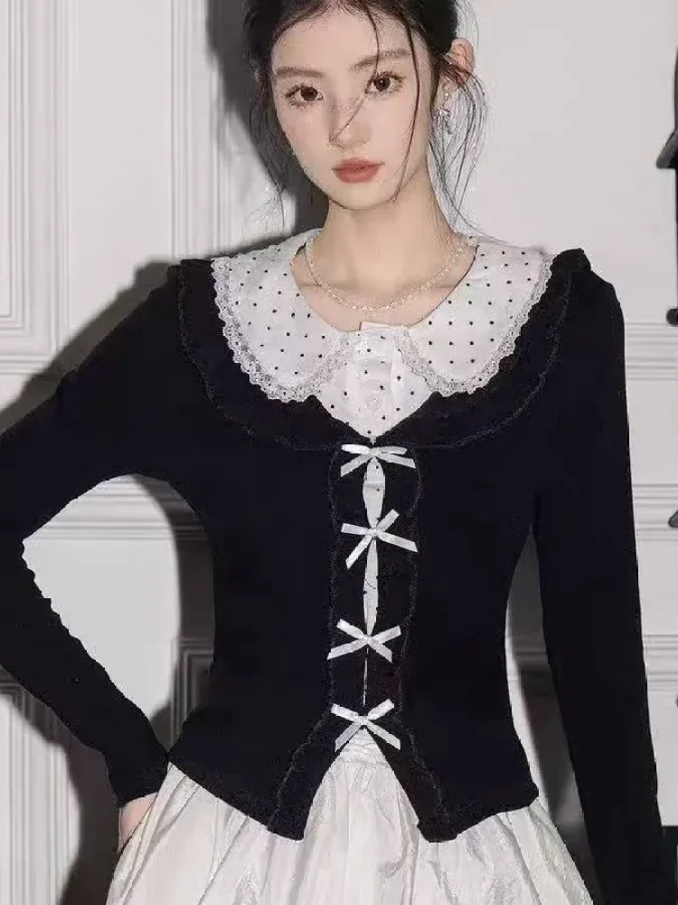 CHICMORE Atasan wanita dengan kerah polo lengan panjang dua potong palsu model kekinian gaya ala korea