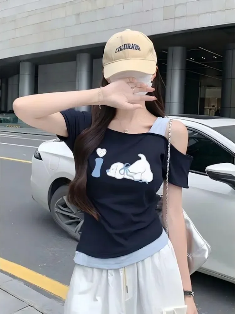 ASAYA Atasan wanita bergaya korea berlengan pendek dengan desain color-block model bahu terbuka fitted