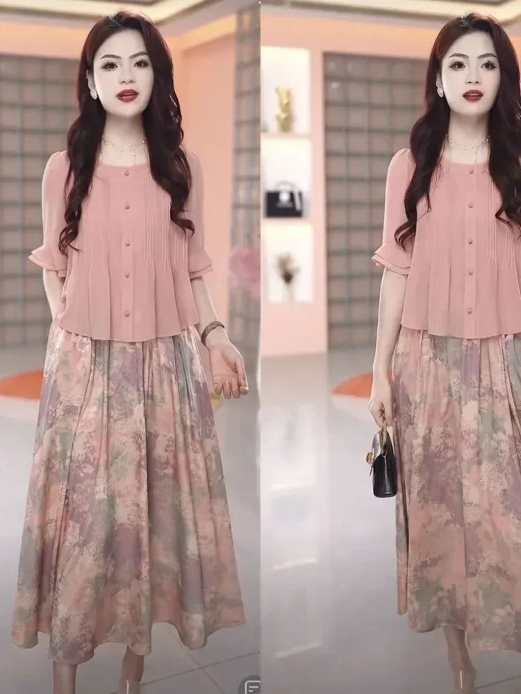 FADFAD Gaun midi model dua potong lengan 3/4 elegan untuk wanita