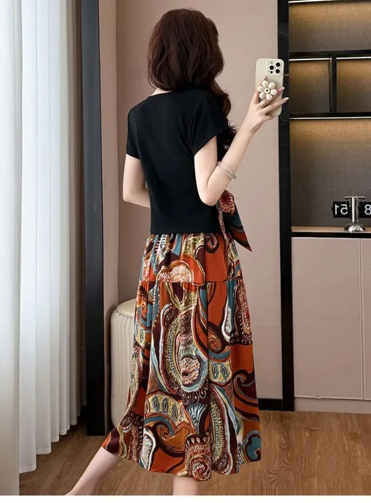 FADFAD Setelan wanita dua polong atasan blouse lengan pendek warna solid dan rok midi motif cetak
