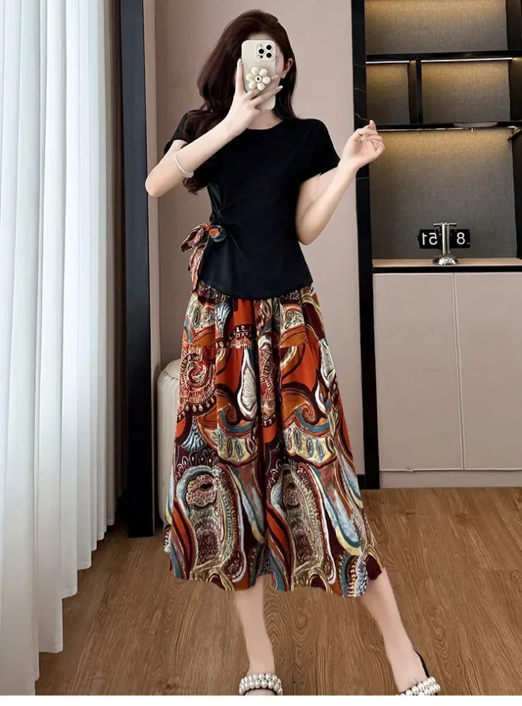 FADFAD Setelan wanita dua polong atasan blouse lengan pendek warna solid dan rok midi motif cetak