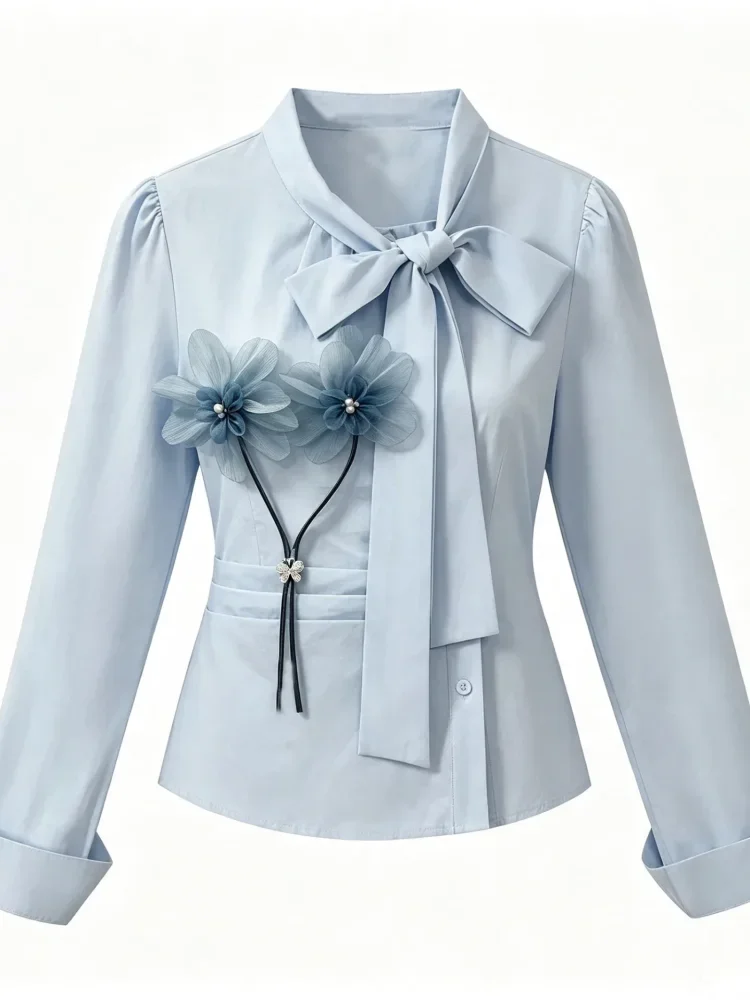 FADFAD Atasan wanita kemeja lengan panjang dengan kerah tie neck model kekinian warna solid