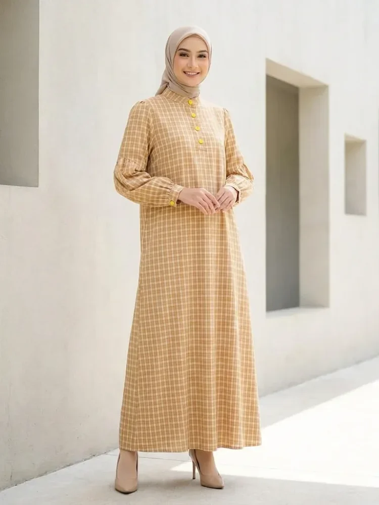 ASAYA Gaun elegan dengan motif posisi mode lengan panjang