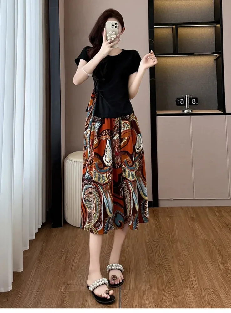 FADFAD Setelan wanita dua polong atasan blouse lengan pendek warna solid dan rok midi motif cetak