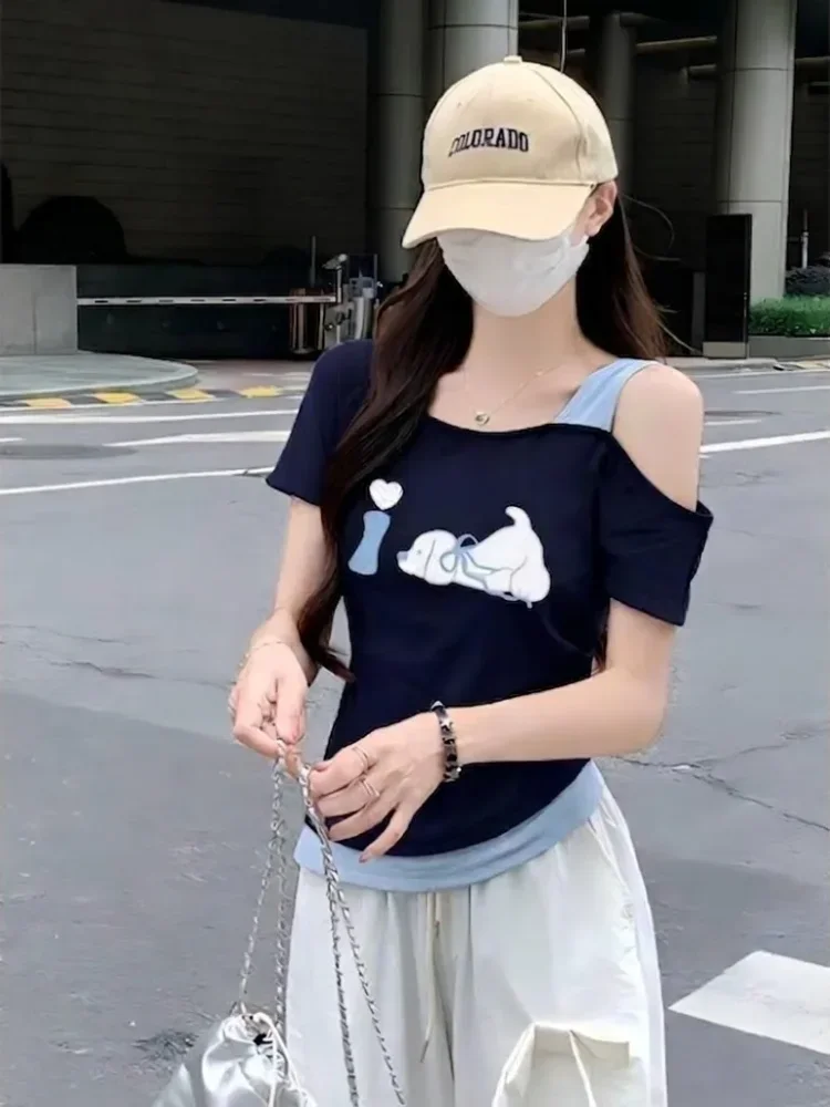 ASAYA Atasan wanita bergaya korea berlengan pendek dengan desain color-block model bahu terbuka fitted