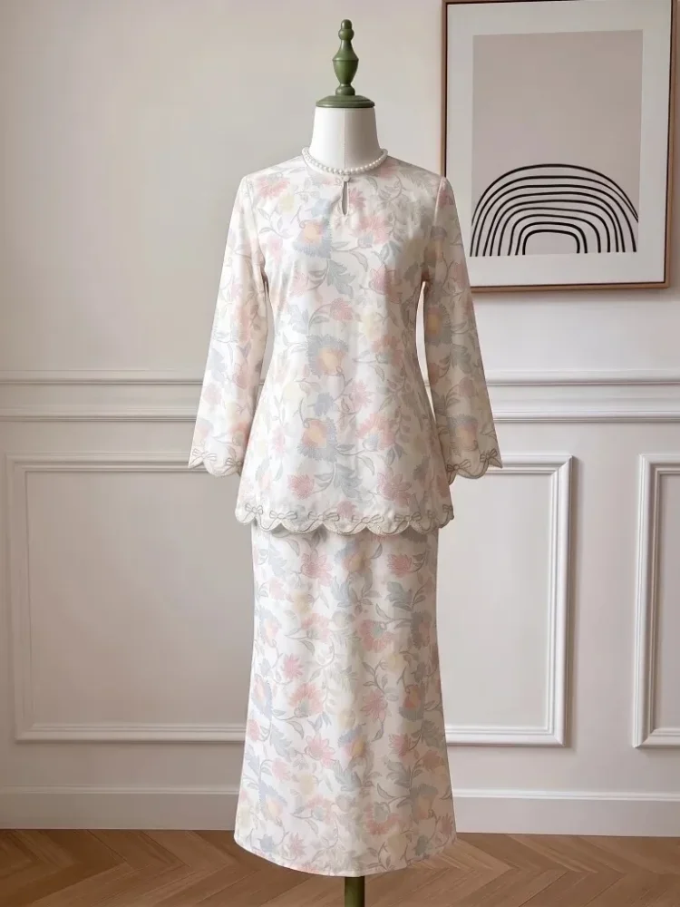 ASAYA Setelan wanita 2in1 blouse lengan panjang motif print kombinasi bunga + rok panjang highwaist elegan model kekinian