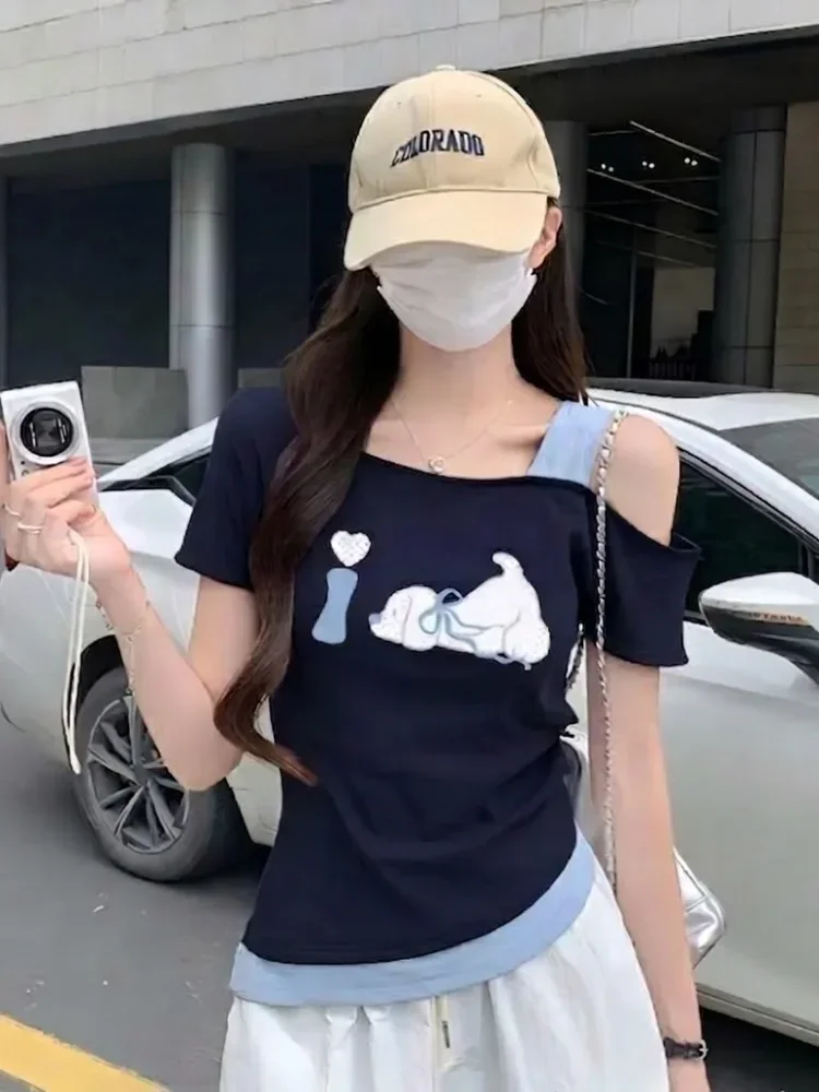 ASAYA Atasan wanita bergaya korea berlengan pendek dengan desain color-block model bahu terbuka fitted