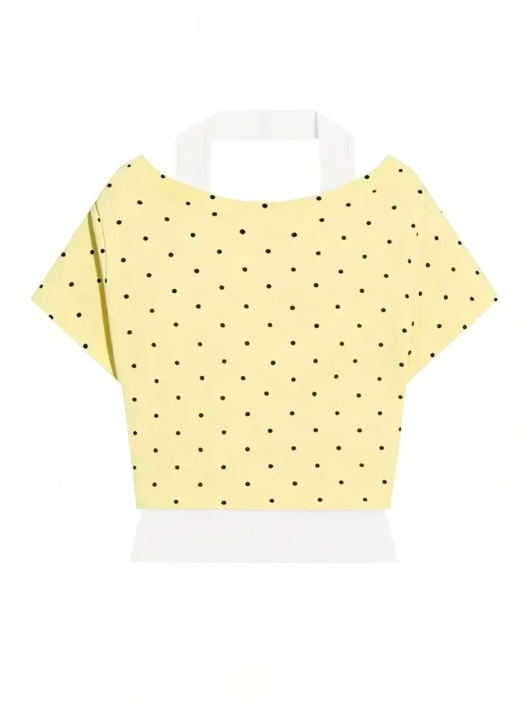 ASAYA Atasan kaos wanita lengan pendek longgar dengan aksen polkadot