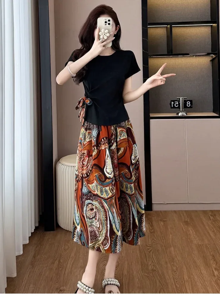 FADFAD Setelan wanita dua polong atasan blouse lengan pendek warna solid dan rok midi motif cetak