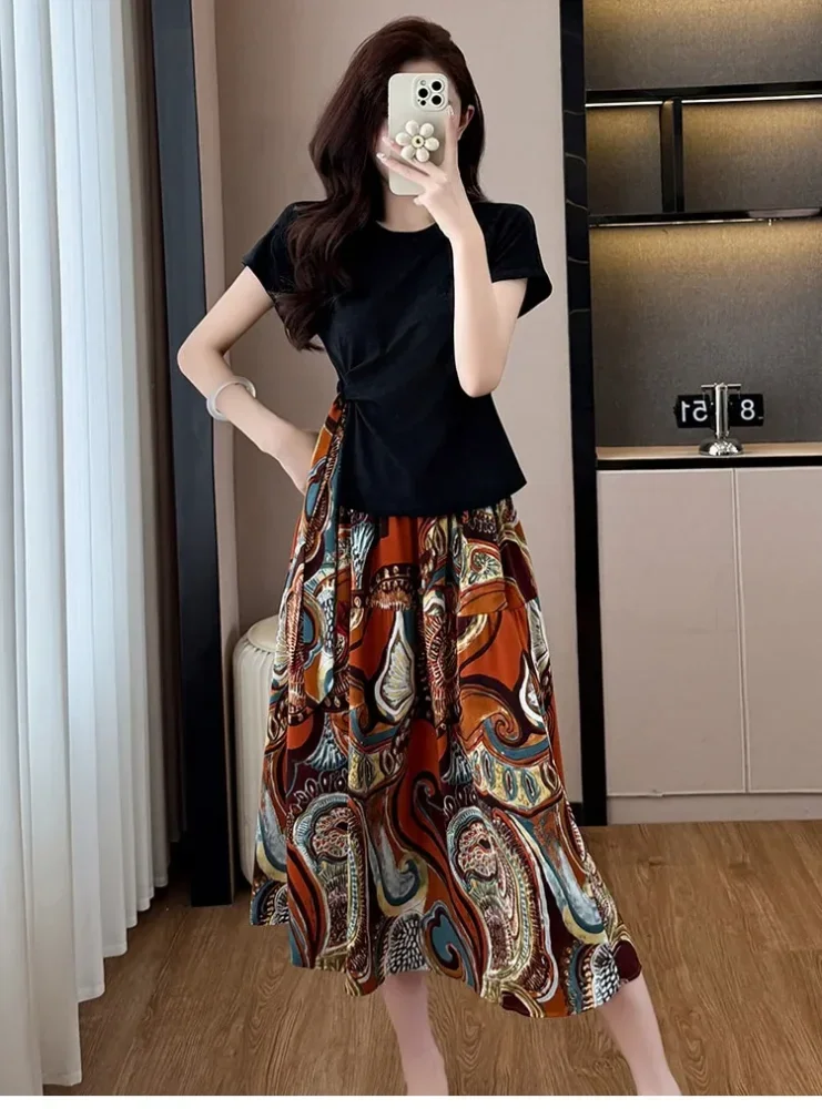 FADFAD Setelan wanita dua polong atasan blouse lengan pendek warna solid dan rok midi motif cetak