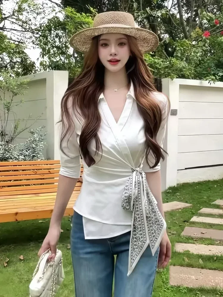 FADFAD Atasan kemeja kerah polo lengan panjang gaya kasual minimalis korea kekinian