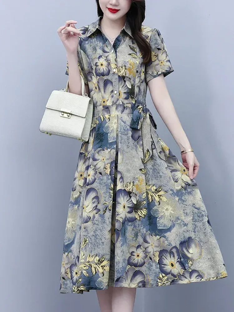 ASAYA Gaun lengan pendek rok model a line dengan gaya kasual untuk wanita