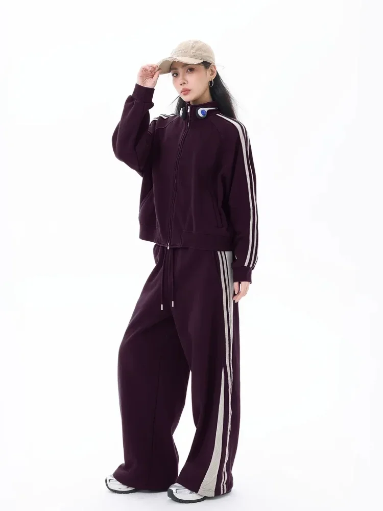 CHICMORE Setelan pakaian olahraga kasual bergaris dengan blok warna jaket sweatshirt dan celana panjang untuk wanita