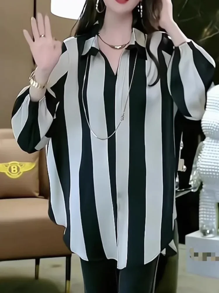 ASAYA Atasan kemeja motif garis garis lengan panjang untuk wanita trendi