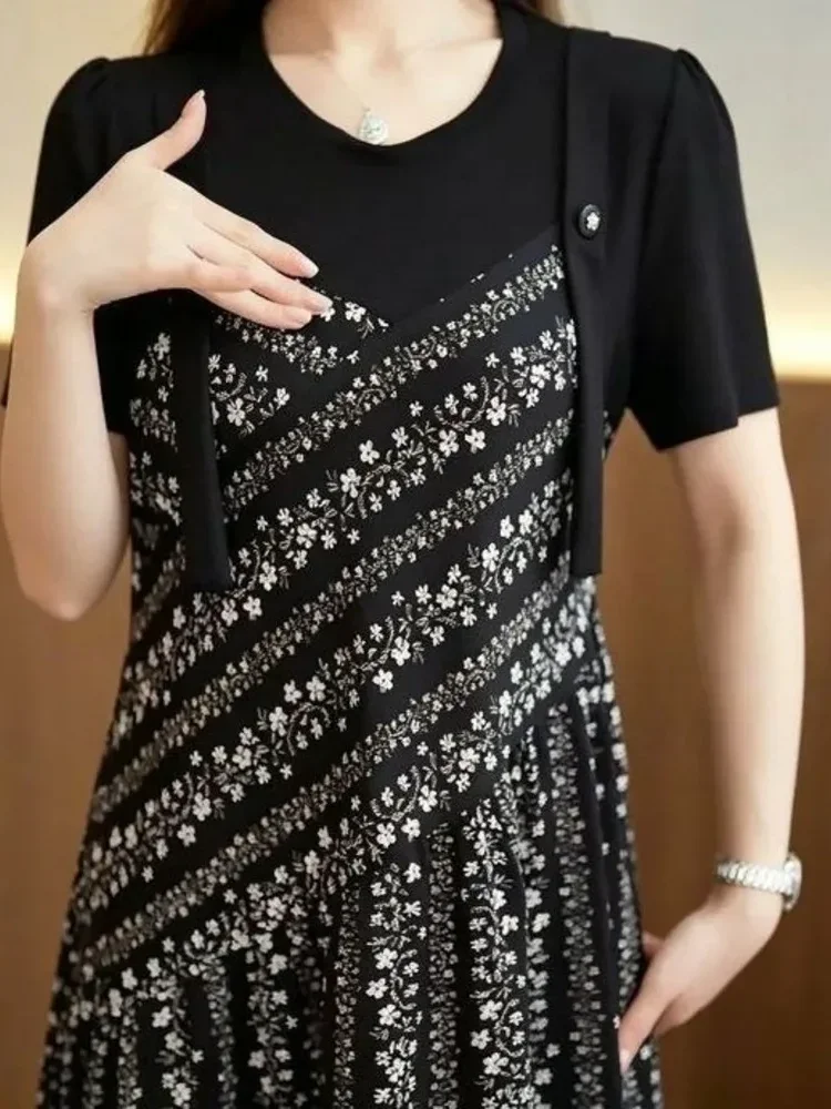 FADFAD Gaun pakaian wanita lengan pendek dengan motif cetak retro