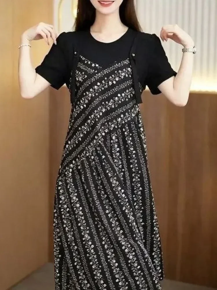 FADFAD Gaun pakaian wanita lengan pendek dengan motif cetak retro