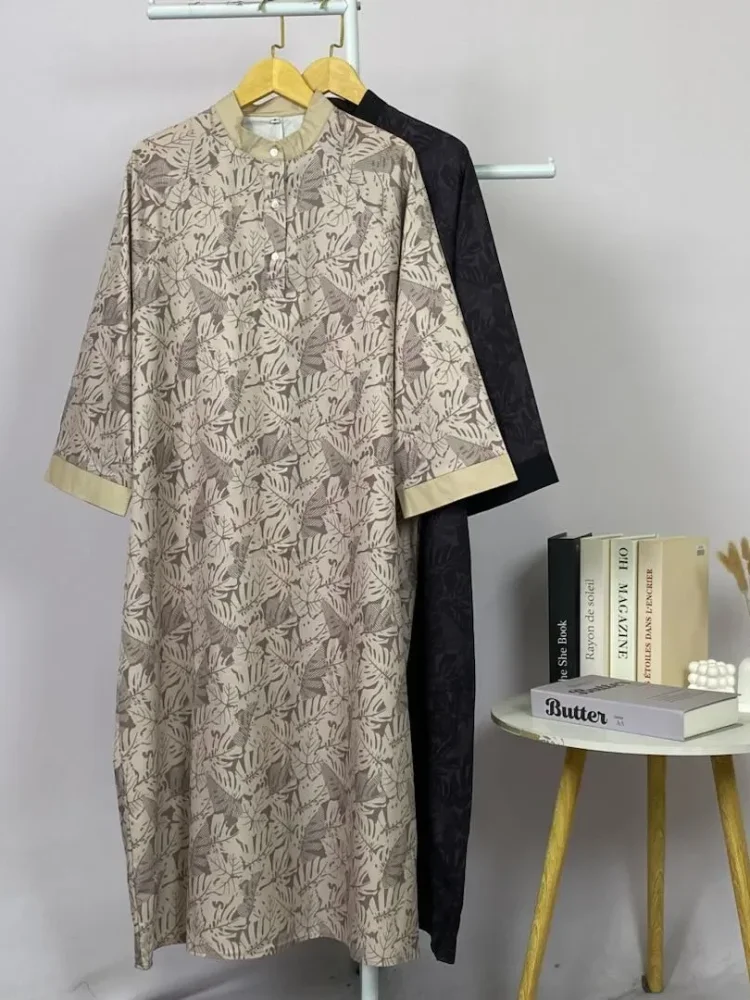 ASAYA Gamis wanita elegan motif garis kotak biru abu modern kekinian