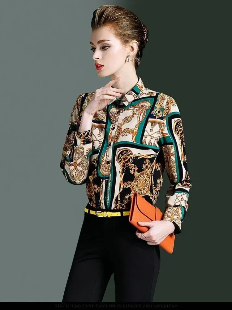 FADFAD Atasan kemeja wanita lengan panjang yang modis gaya retro elegan