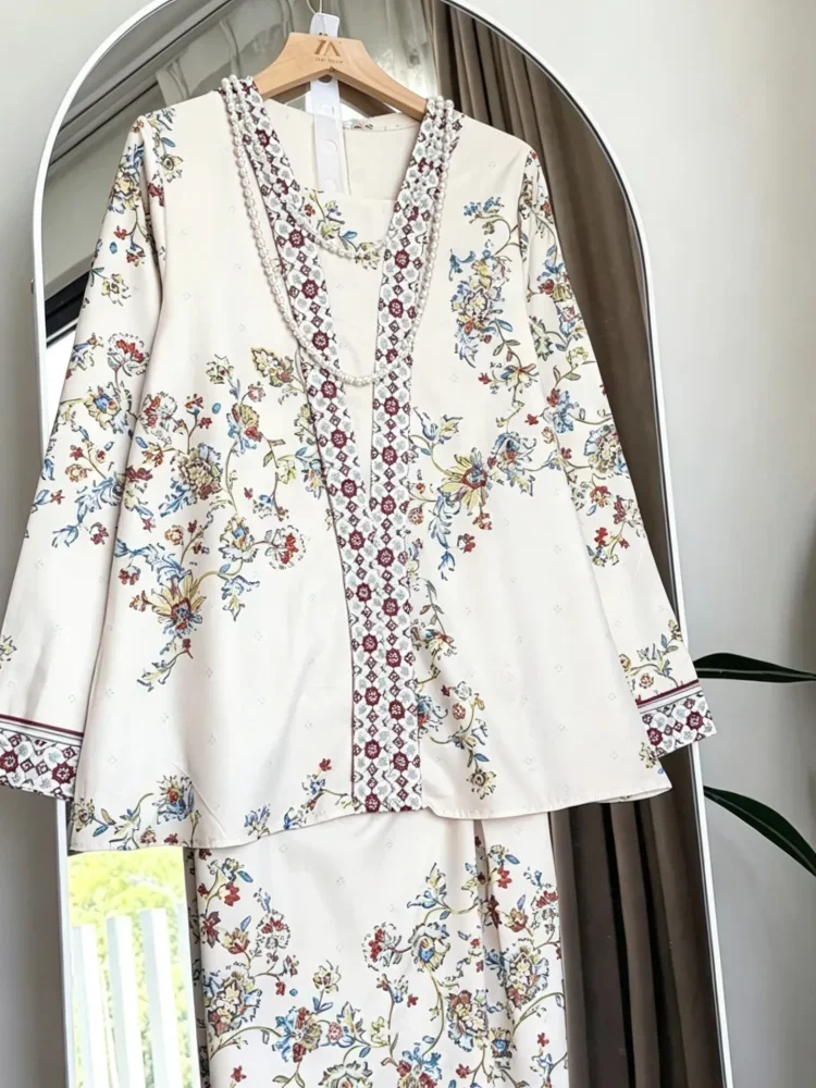 ASAYA Setelan wanita 2in1 blouse lengan panjang motif print kombinasi bunga + rok panjang highwaist elegan model kekinian
