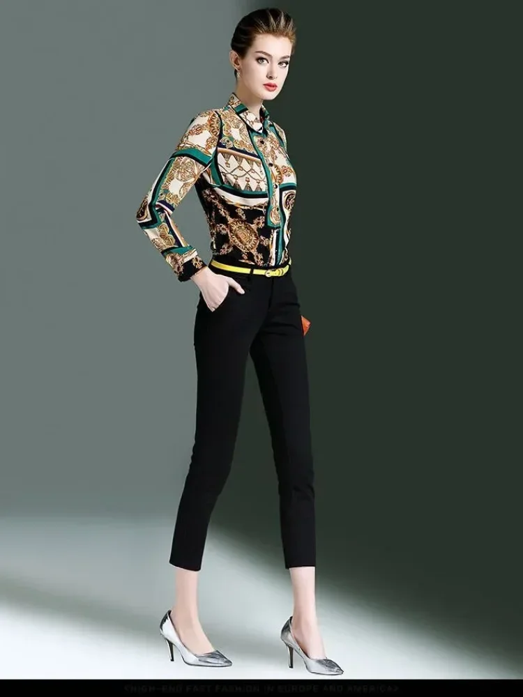 FADFAD Atasan kemeja wanita lengan panjang yang modis gaya retro elegan