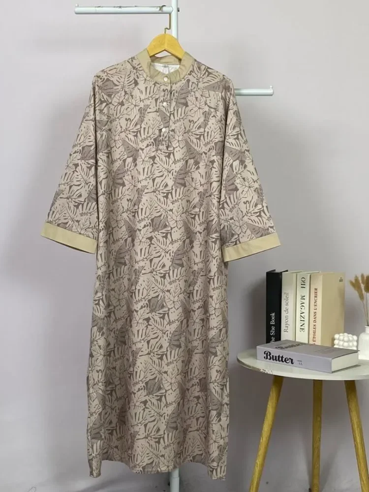 ASAYA Gamis wanita elegan motif garis kotak biru abu modern kekinian