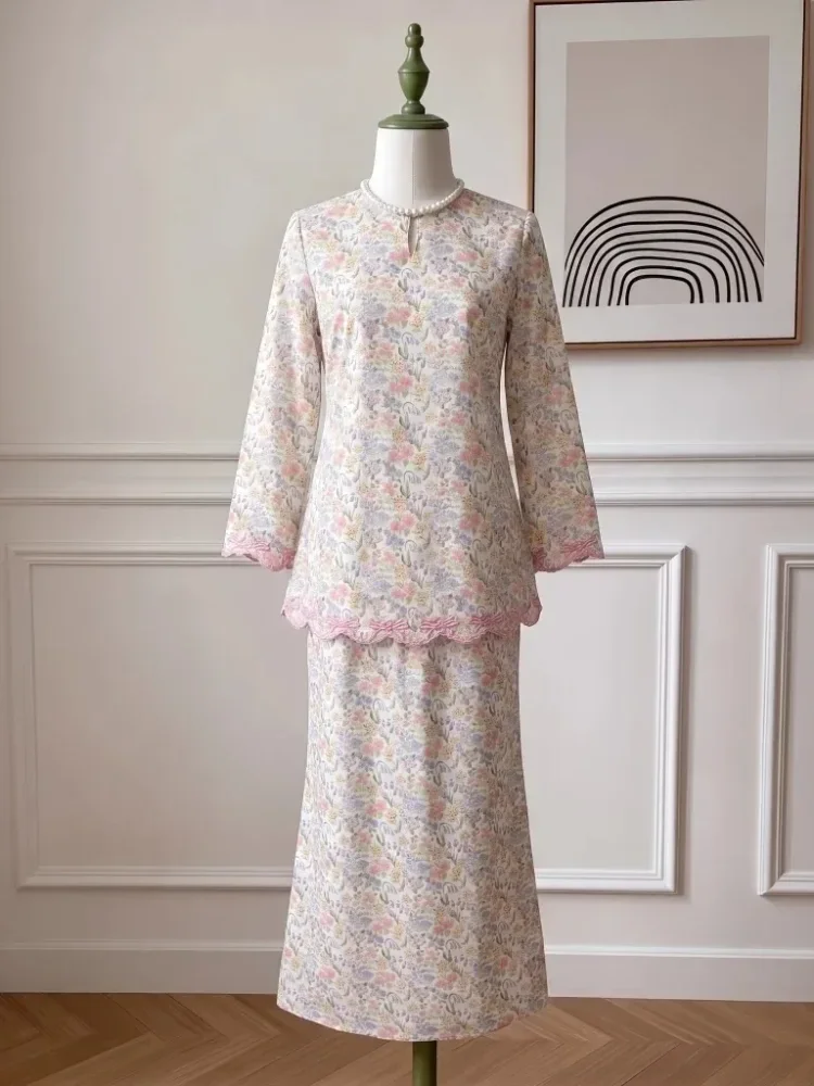 ASAYA Setelan wanita 2in1 blouse lengan panjang motif print kombinasi bunga + rok panjang highwaist elegan model kekinian
