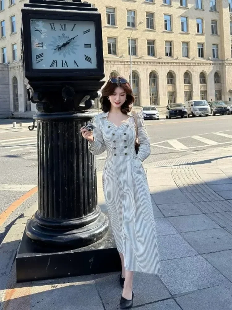 CHICMORE Gaun maxi pakaian wanita lengan panjang motif bergaris korean star