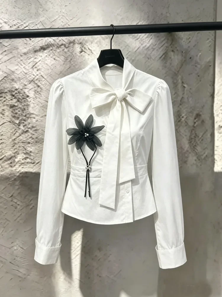 FADFAD Atasan wanita kemeja lengan panjang dengan kerah tie neck model kekinian warna solid