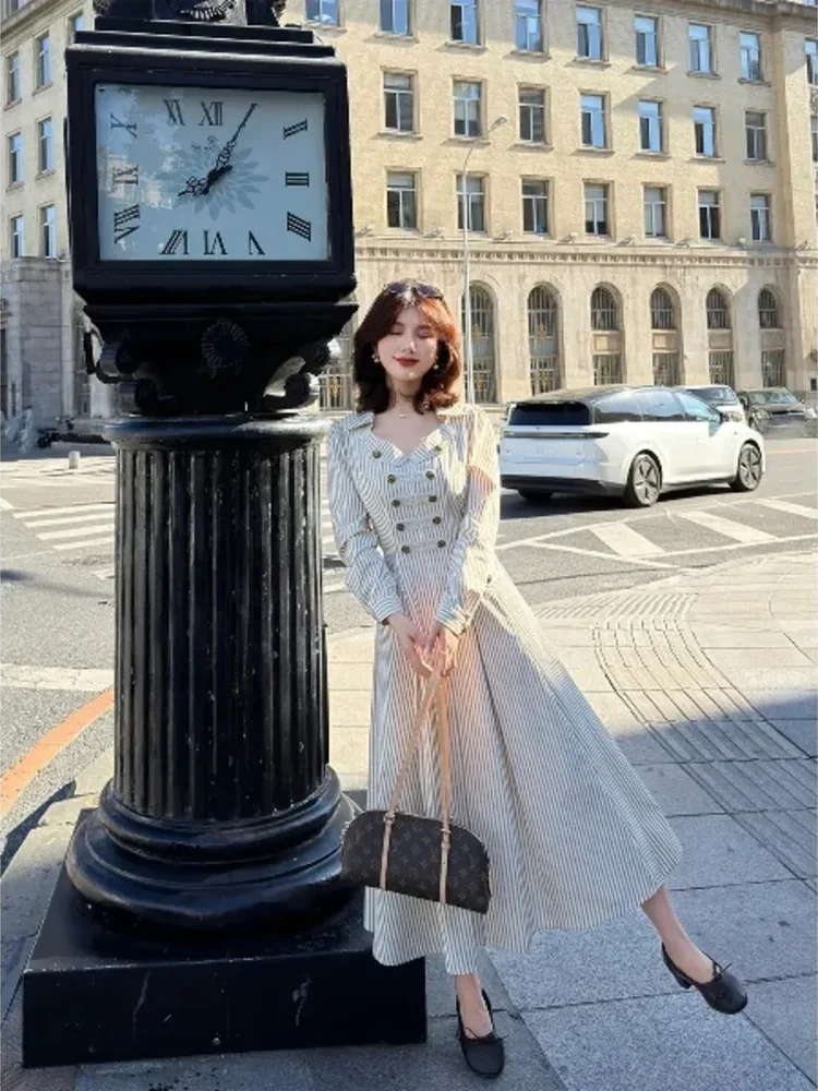 CHICMORE Gaun maxi pakaian wanita lengan panjang motif bergaris korean star