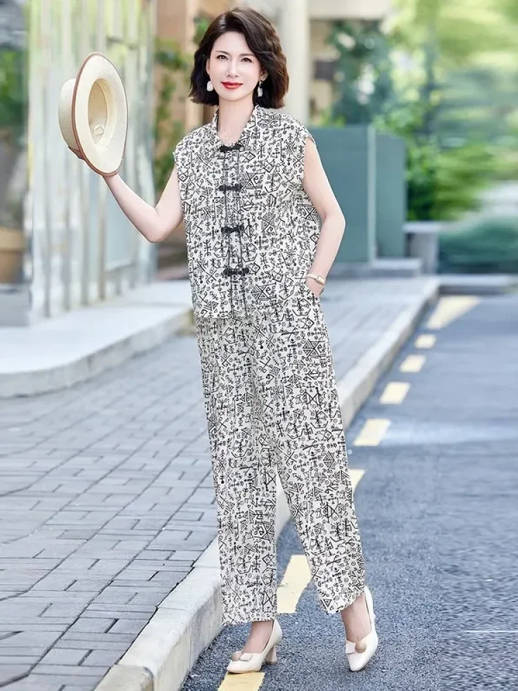 FADFAD Setelan wanita dua polong atasantanpa lengan model cheongsam dan celana panjang motif cetak