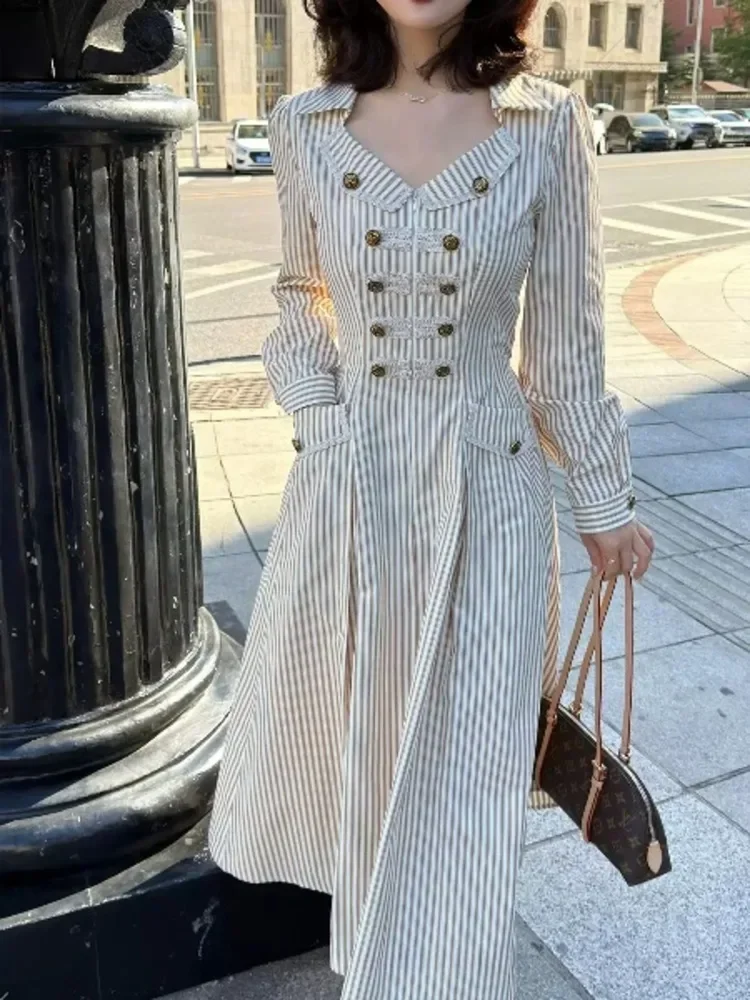 CHICMORE Gaun maxi pakaian wanita lengan panjang motif bergaris korean star