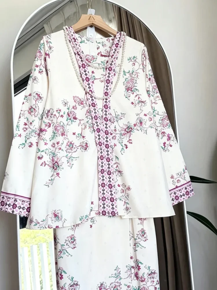 ASAYA Setelan wanita 2in1 blouse lengan panjang motif print kombinasi bunga + rok panjang highwaist elegan model kekinian