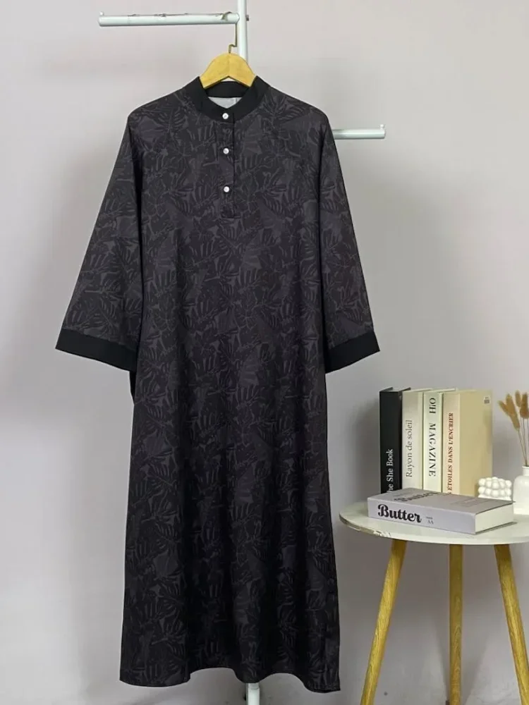 ASAYA Gamis wanita elegan motif garis kotak biru abu modern kekinian