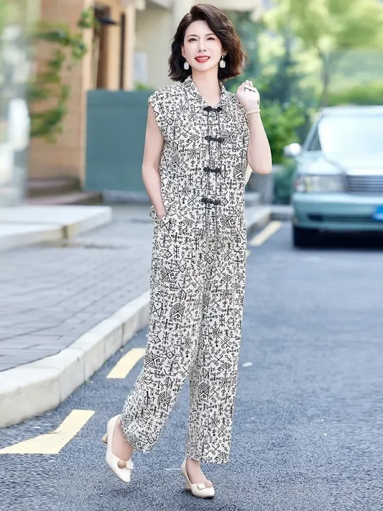 FADFAD Setelan wanita dua polong atasantanpa lengan model cheongsam dan celana panjang motif cetak