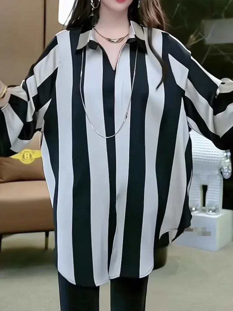 ASAYA Atasan kemeja motif garis garis lengan panjang untuk wanita trendi