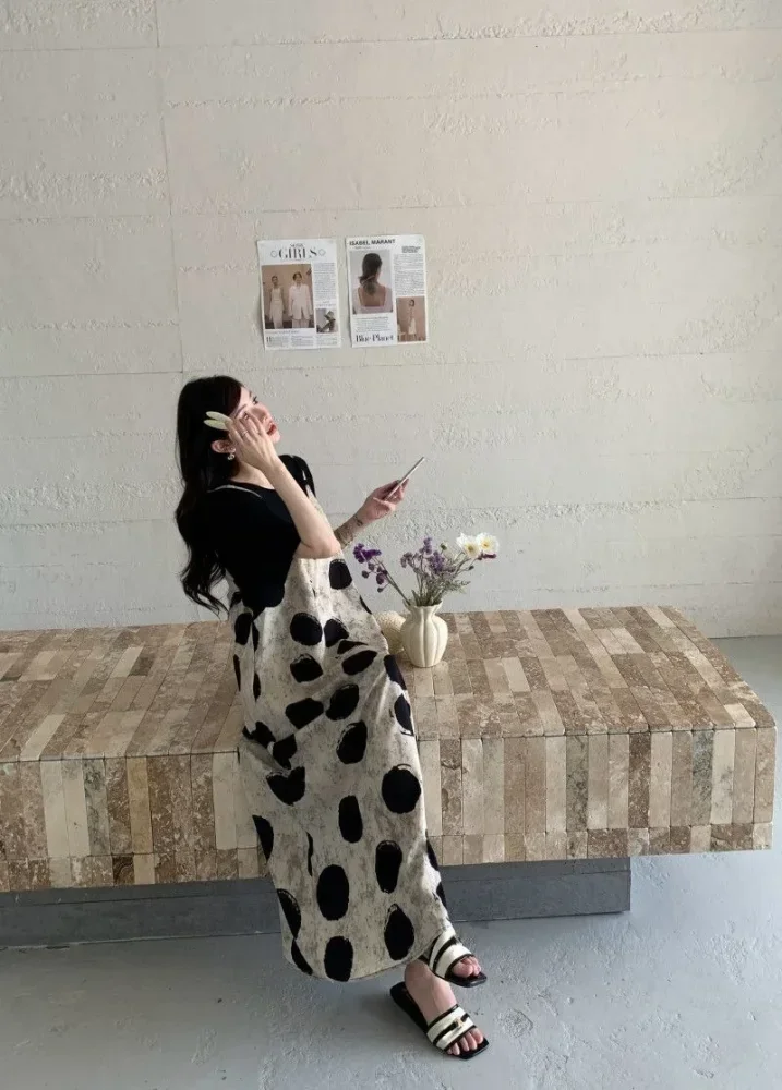 ASAYA Gaun model lengan pendek dengan motif cetak bergaya baru