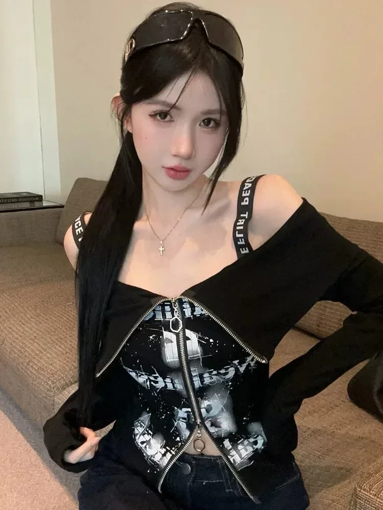 CHICMORE Atasan lengan panjang wanita dengan gaya strappy style gothic