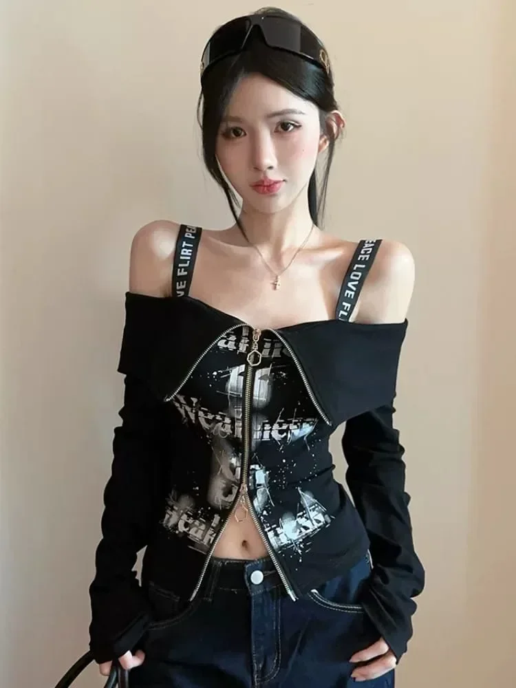 CHICMORE Atasan lengan panjang wanita dengan gaya strappy style gothic