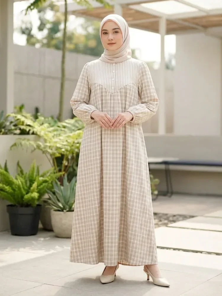 ASAYA Gaun elegan dengan motif posisi mode lengan panjang