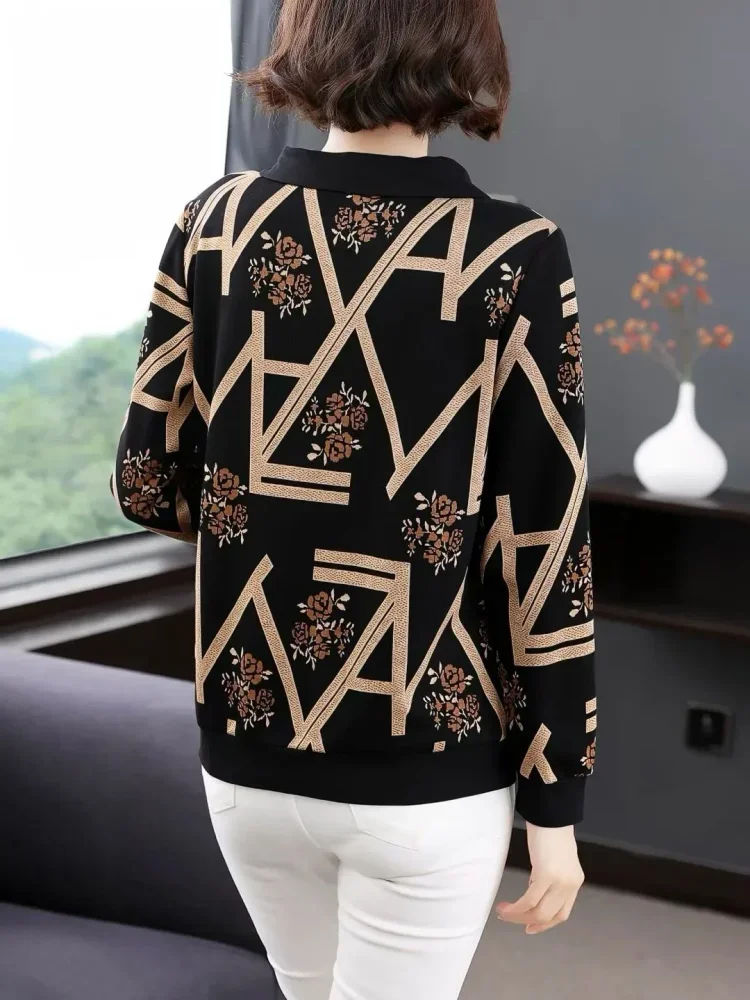 FADFAD Atasan wanita tempramen motif cetak unik dengan kerah polo dan lengan panjang gaya baru