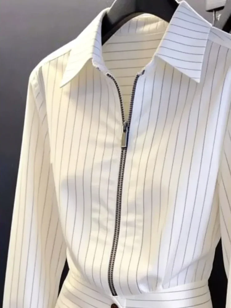 FADFAD Atasan blus wanita berpotongan ramping kerah lipat dengan zipper