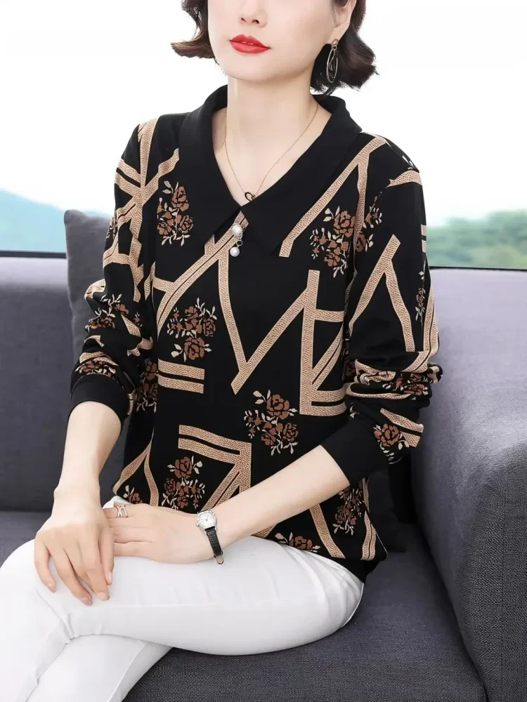 FADFAD Atasan wanita tempramen motif cetak unik dengan kerah polo dan lengan panjang gaya baru