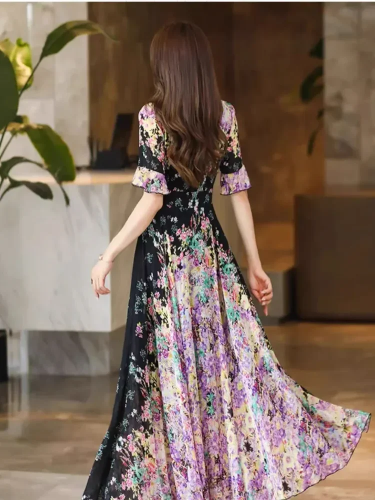 FADFAD Gaun wanita elegan lengan pendek desain ruffle motif bunga