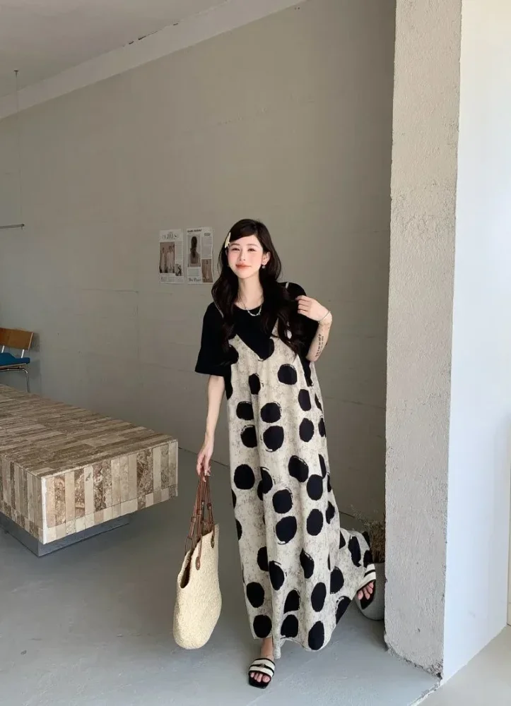 ASAYA Gaun model lengan pendek dengan motif cetak bergaya baru