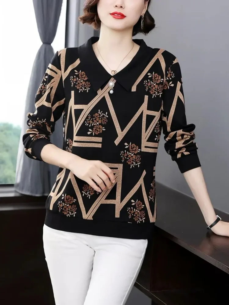 FADFAD Atasan wanita tempramen motif cetak unik dengan kerah polo dan lengan panjang gaya baru