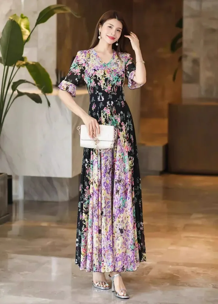 FADFAD Gaun wanita elegan lengan pendek desain ruffle motif bunga