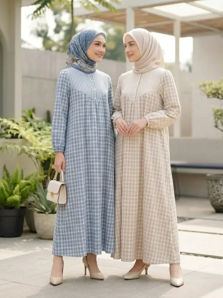 ASAYA Gaun elegan dengan motif posisi mode lengan panjang